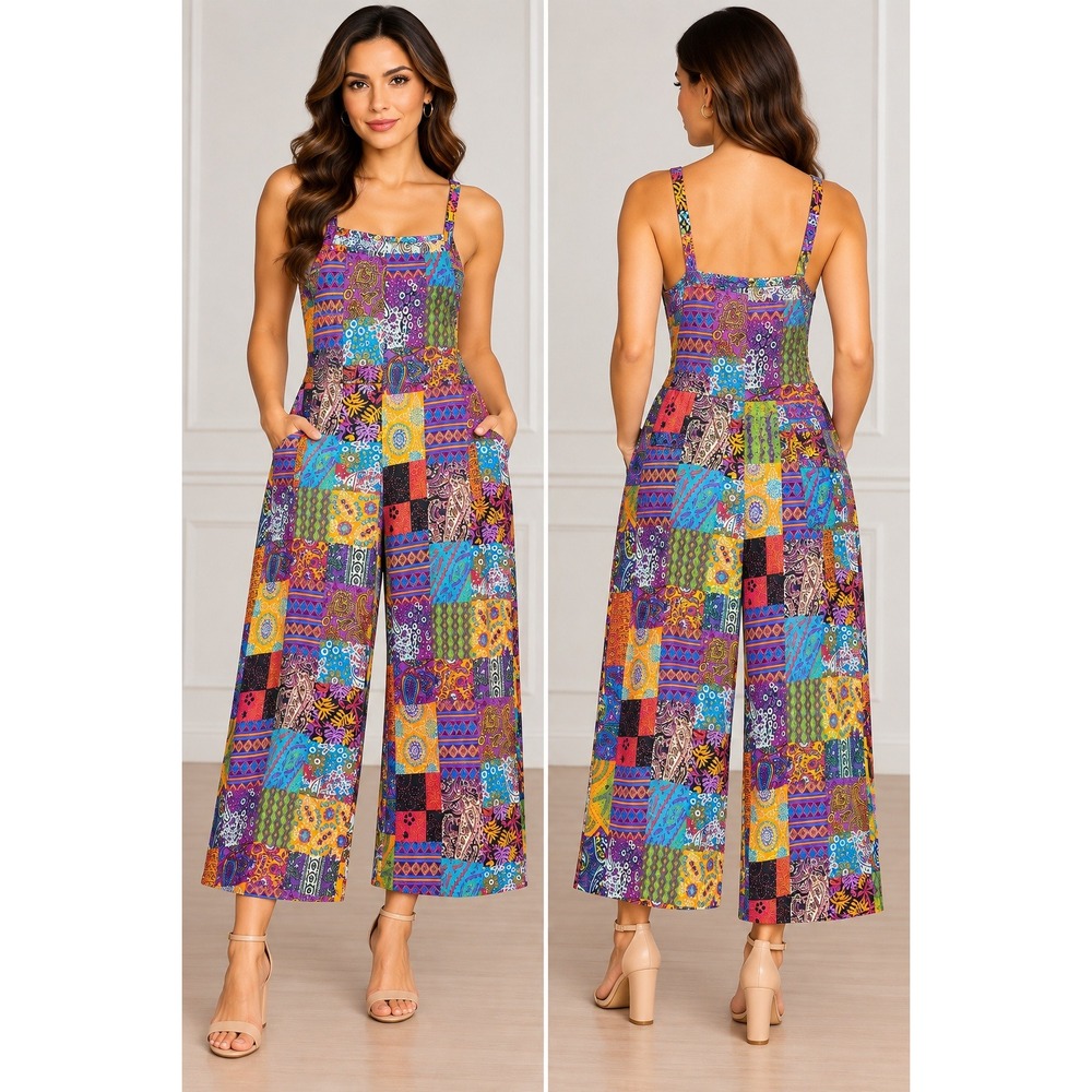 Unbranded Patchwork Jumpsuit Women 3XL Multi Color Excellent Wide Leg Cotton